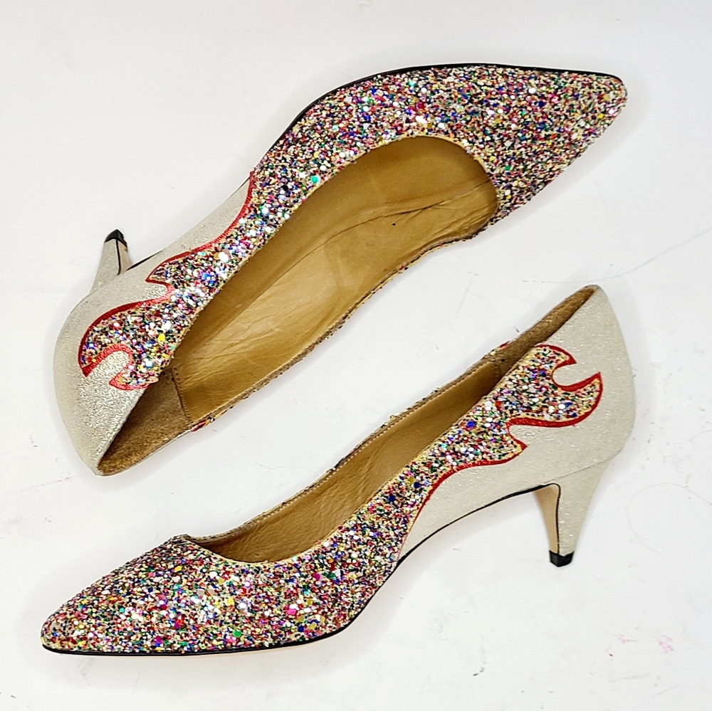 Etoile Isabel Marant Gold Suede Kitten Heel Pumps With Glitter And Flame Detail